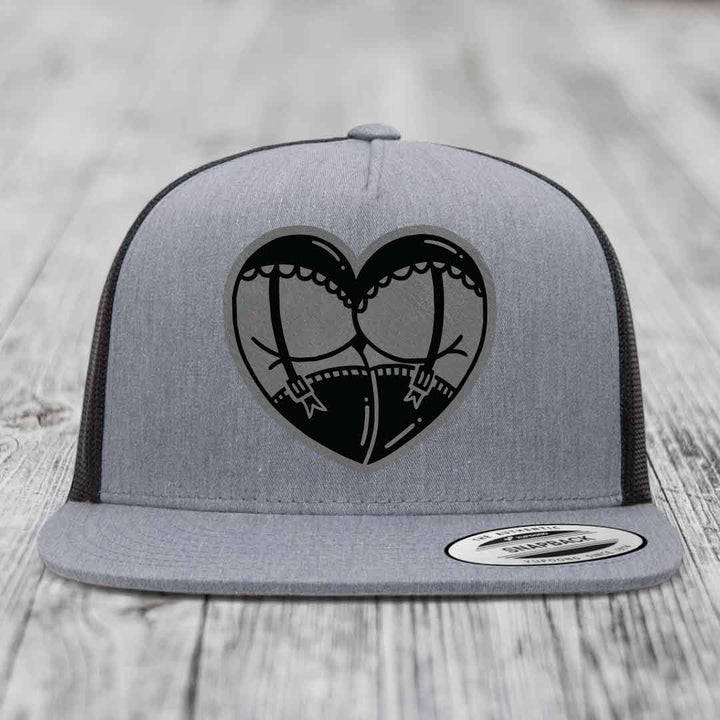Heart Shaped Ass (Garter Belt) - Leather Patch Hat - Grey to Black Patch - Yupoong 6006 Snapback Flatbill Hat