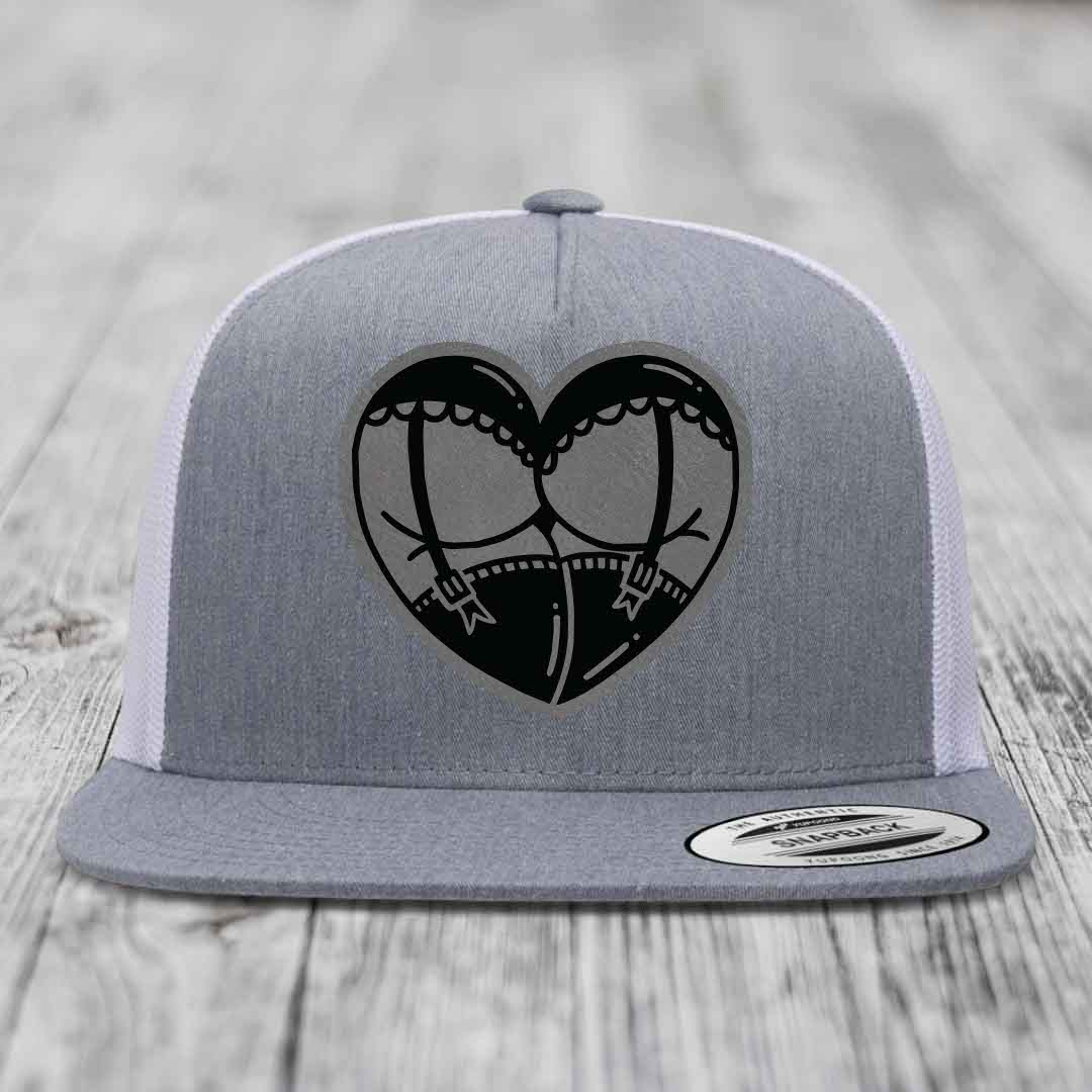 Heart Shaped Ass (Garter Belt) - Leather Patch Hat - Grey to Black Patch - Yupoong 6006 Snapback Flatbill Hat