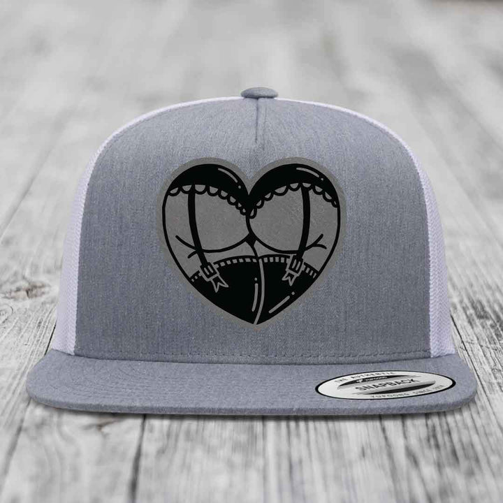 Heart Shaped Ass (Garter Belt) - Leather Patch Hat - Grey to Black Patch - Yupoong 6006 Snapback Flatbill Hat