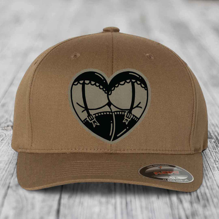 Heart Shaped Ass (Garter Belt) - Leather Patch Hat - Light Brown to Black Patch - Flexfit 6277 Fitted Hat