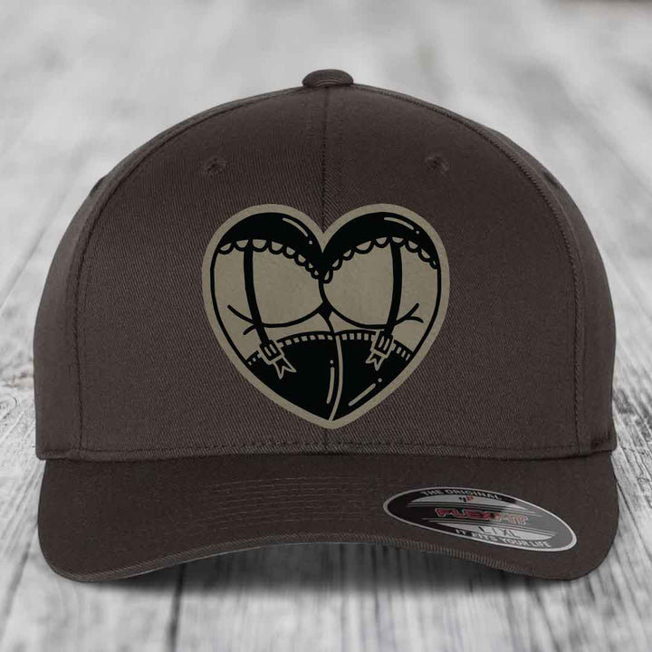 Heart Shaped Ass (Garter Belt) - Leather Patch Hat - Light Brown to Black Patch - Flexfit 6277 Fitted Hat