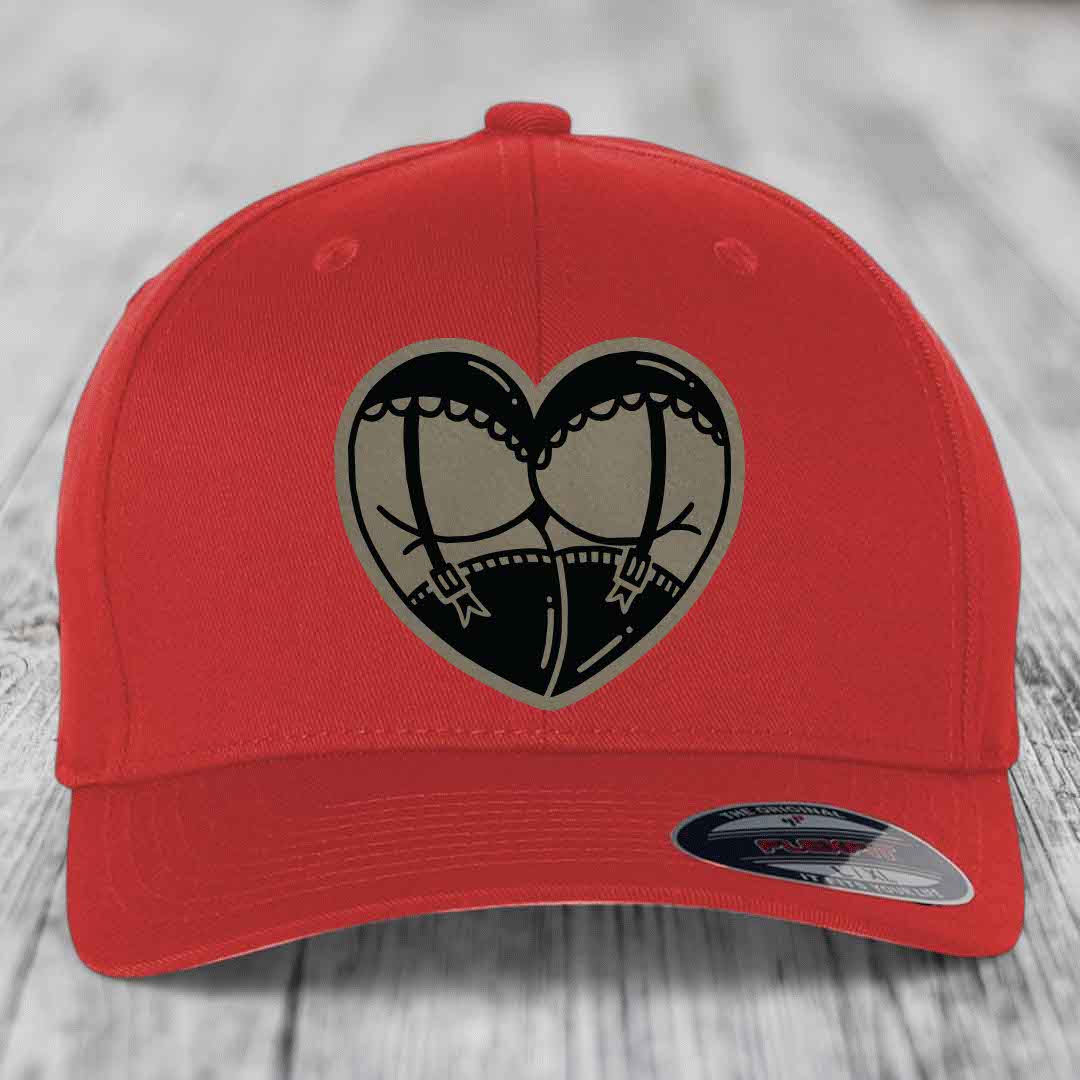 Heart Shaped Ass (Garter Belt) - Leather Patch Hat - Light Brown to Black Patch - Flexfit 6277 Fitted Hat