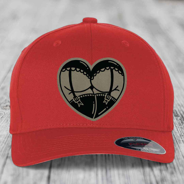 Heart Shaped Ass (Garter Belt) - Leather Patch Hat - Light Brown to Black Patch - Flexfit 6277 Fitted Hat