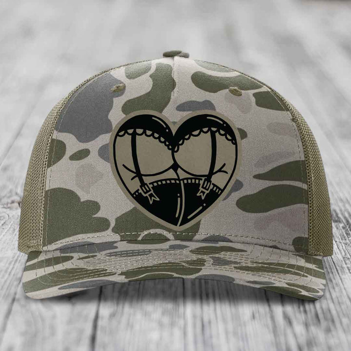 Heart Shaped Ass (Garter Belt) - Leather Patch Hat - Light Brown to Black Patch - Richardson 112PFP Snapback Trucker Hat