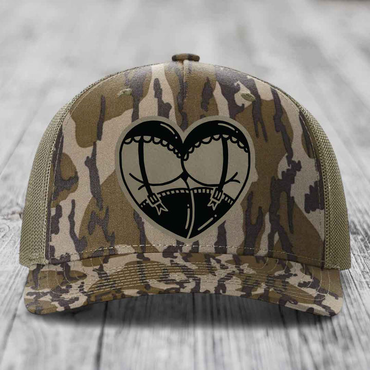 Heart Shaped Ass (Garter Belt) - Leather Patch Hat - Light Brown to Black Patch - Richardson 112PFP Snapback Trucker Hat