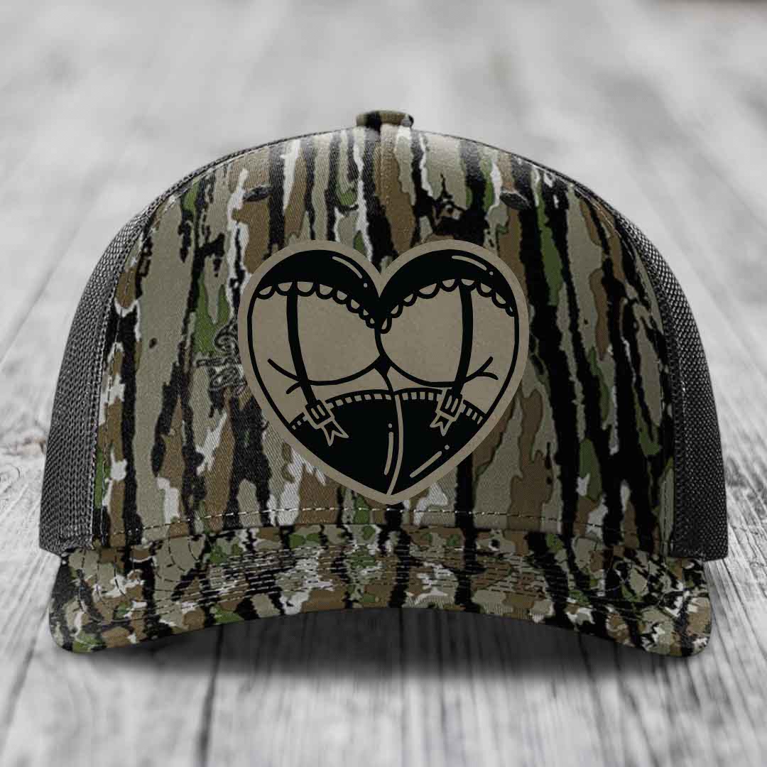 Heart Shaped Ass (Garter Belt) - Leather Patch Hat - Light Brown to Black Patch - Richardson 112PFP Snapback Trucker Hat