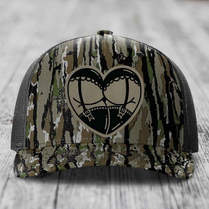 Heart Shaped Ass (Garter Belt) - Leather Patch Hat - Light Brown to Black Patch - Richardson 112PFP Snapback Trucker Hat