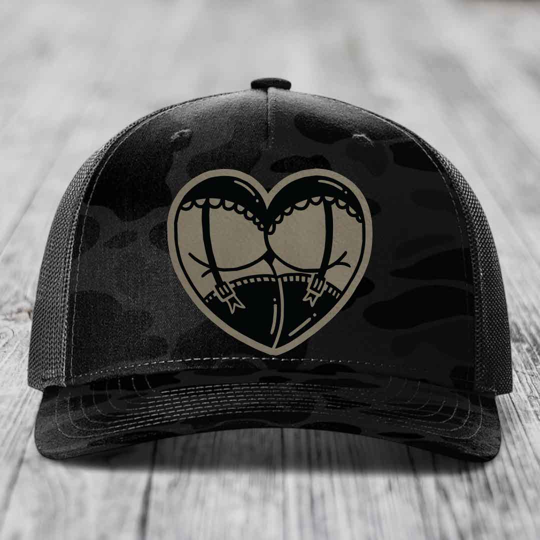 Heart Shaped Ass (Garter Belt) - Leather Patch Hat - Light Brown to Black Patch - Richardson 112PFP Snapback Trucker Hat