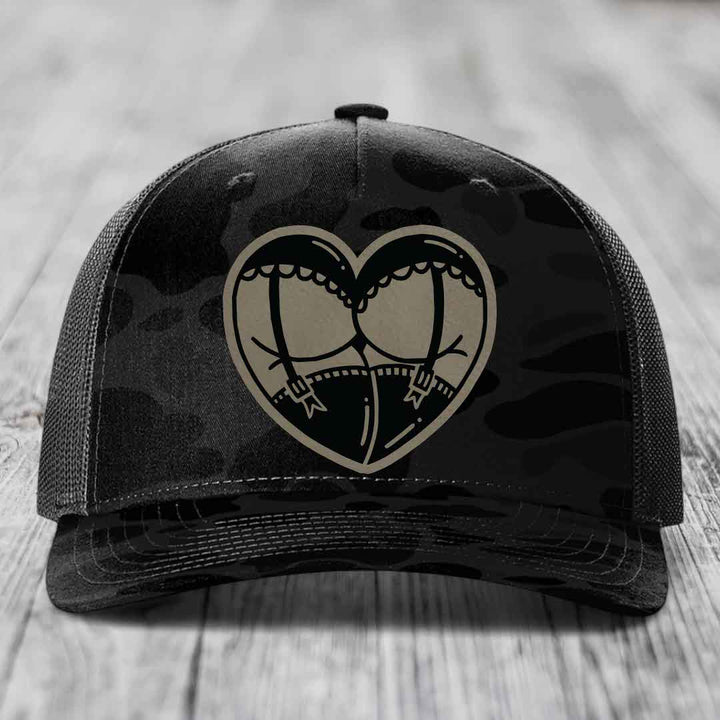 Heart Shaped Ass (Garter Belt) - Leather Patch Hat - Light Brown to Black Patch - Richardson 112PFP Snapback Trucker Hat