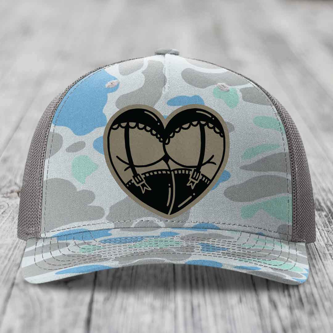 Heart Shaped Ass (Garter Belt) - Leather Patch Hat - Light Brown to Black Patch - Richardson 112PFP Snapback Trucker Hat