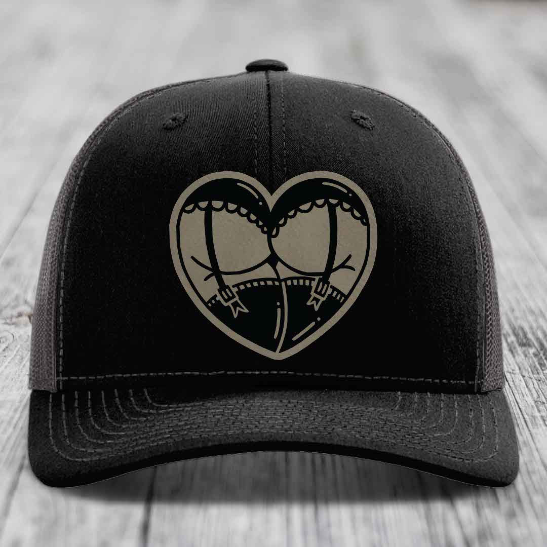 Heart Shaped Ass (Garter Belt) - Leather Patch Hat - Light Brown to Black Patch - Richardson 112 Snapback Trucker Hat
