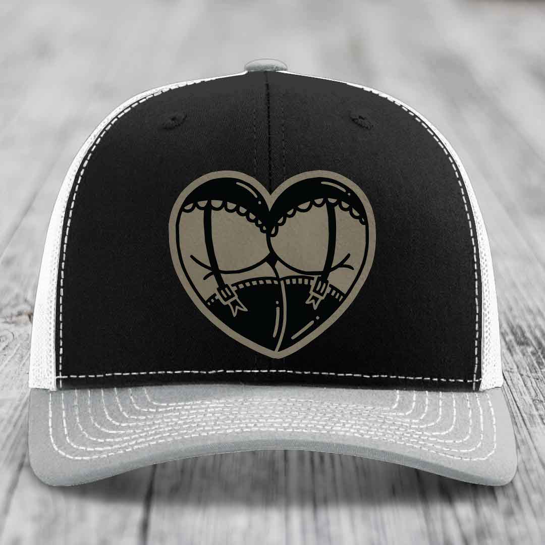 Heart Shaped Ass (Garter Belt) - Leather Patch Hat - Light Brown to Black Patch - Richardson 112 Snapback Trucker Hat