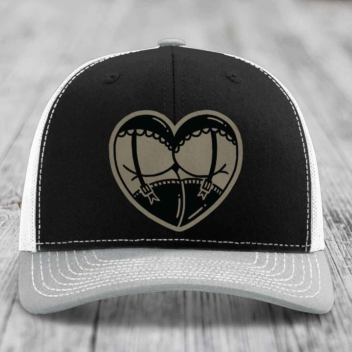 Heart Shaped Ass (Garter Belt) - Leather Patch Hat - Light Brown to Black Patch - Richardson 112 Snapback Trucker Hat