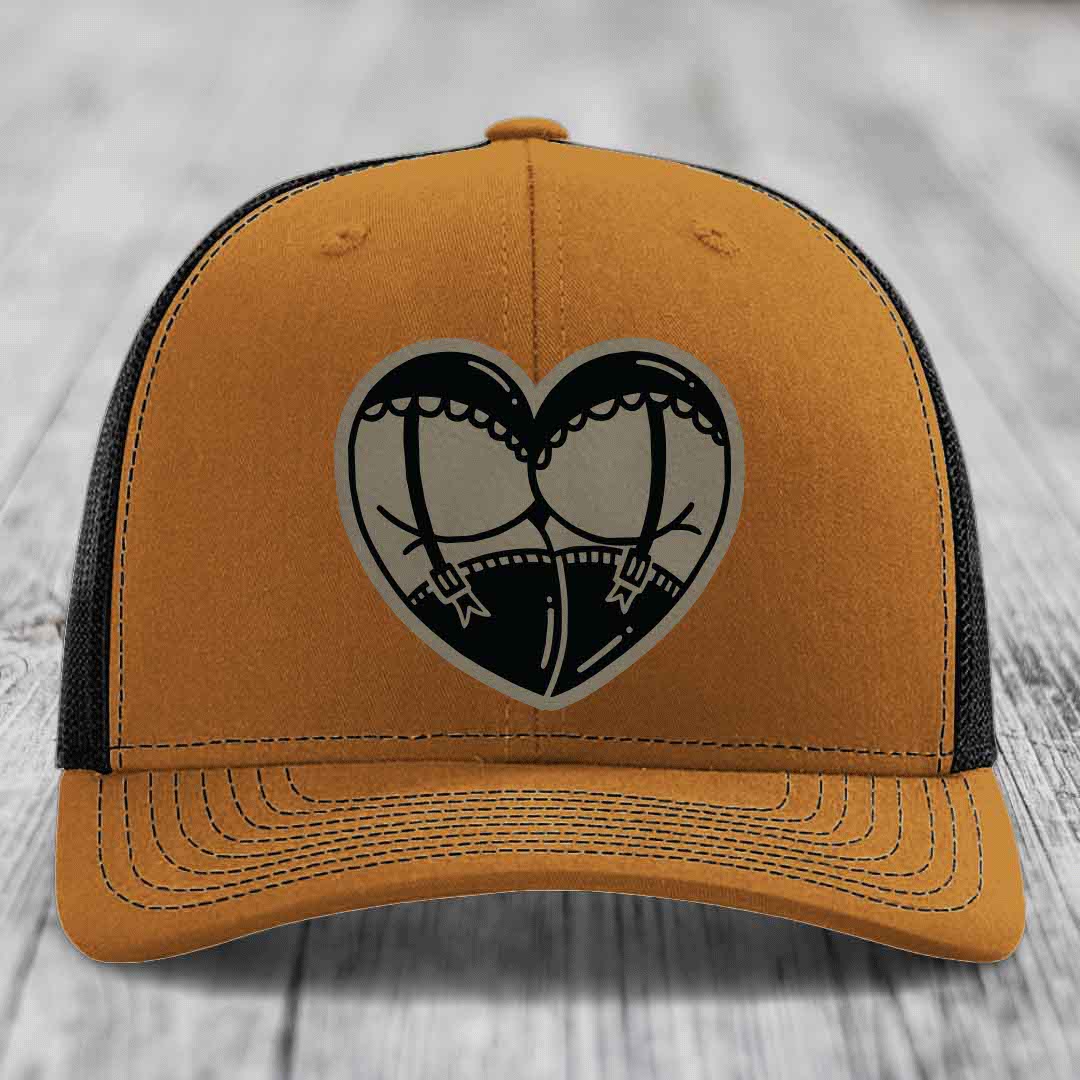 Heart Shaped Ass (Garter Belt) - Leather Patch Hat - Light Brown to Black Patch - Richardson 112 Snapback Trucker Hat