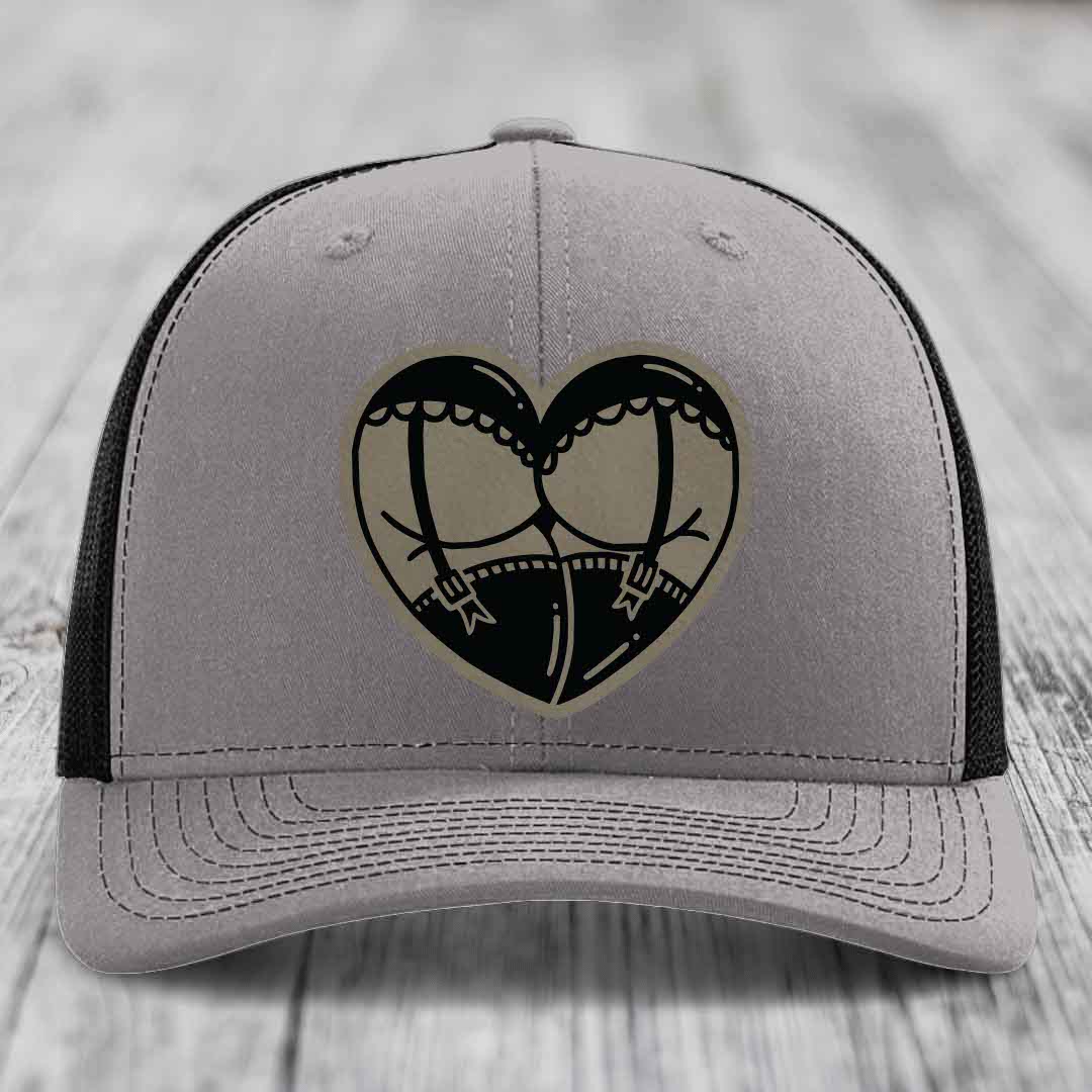Heart Shaped Ass (Garter Belt) - Leather Patch Hat - Light Brown to Black Patch - Richardson 112 Snapback Trucker Hat