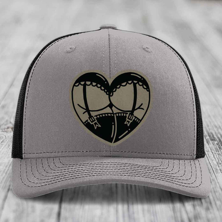 Heart Shaped Ass (Garter Belt) - Leather Patch Hat - Light Brown to Black Patch - Richardson 112 Snapback Trucker Hat