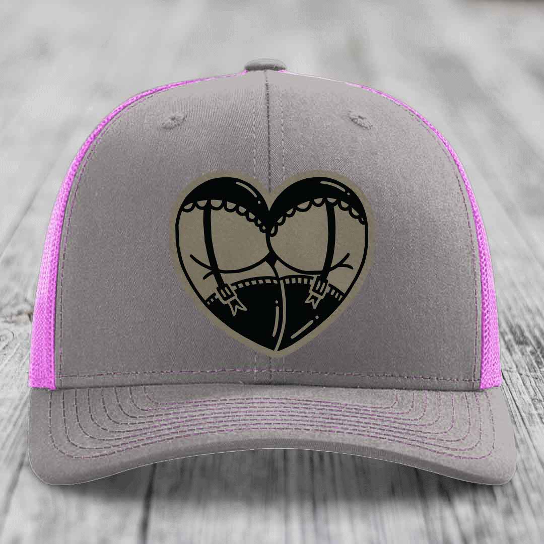 Heart Shaped Ass (Garter Belt) - Leather Patch Hat - Light Brown to Black Patch - Richardson 112 Snapback Trucker Hat