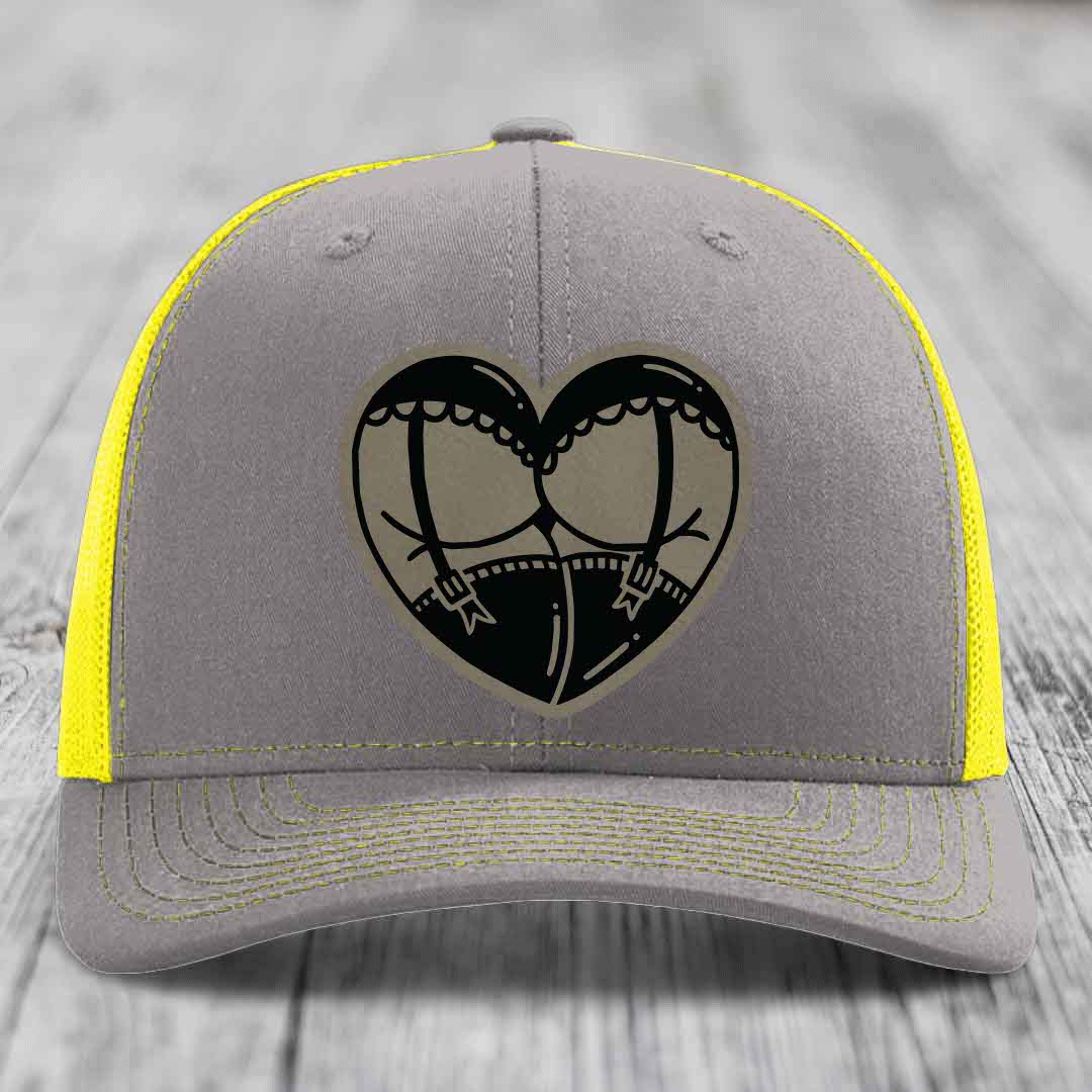 Heart Shaped Ass (Garter Belt) - Leather Patch Hat - Light Brown to Black Patch - Richardson 112 Snapback Trucker Hat