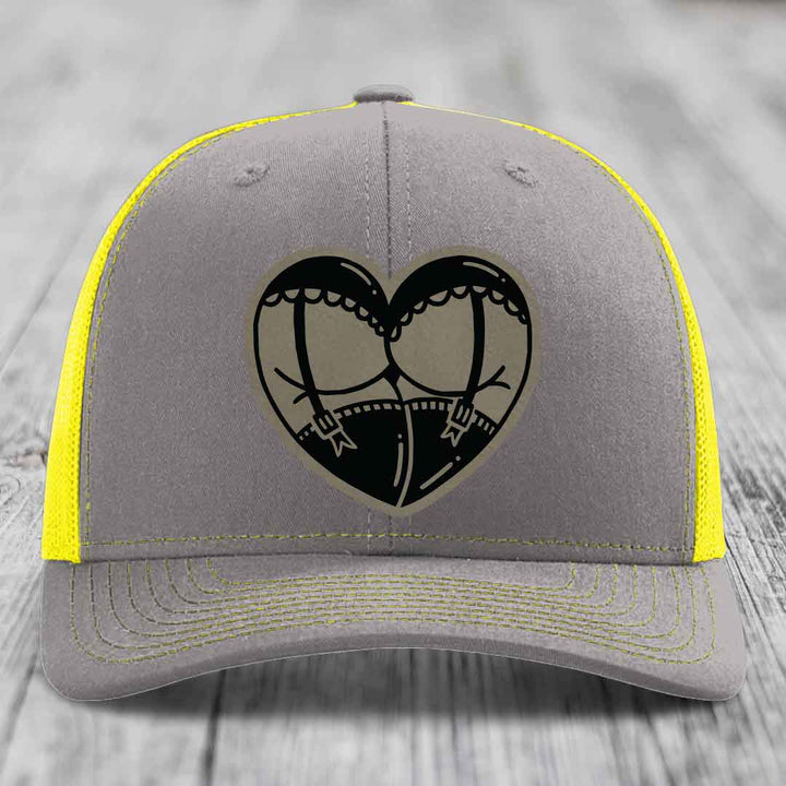 Heart Shaped Ass (Garter Belt) - Leather Patch Hat - Light Brown to Black Patch - Richardson 112 Snapback Trucker Hat