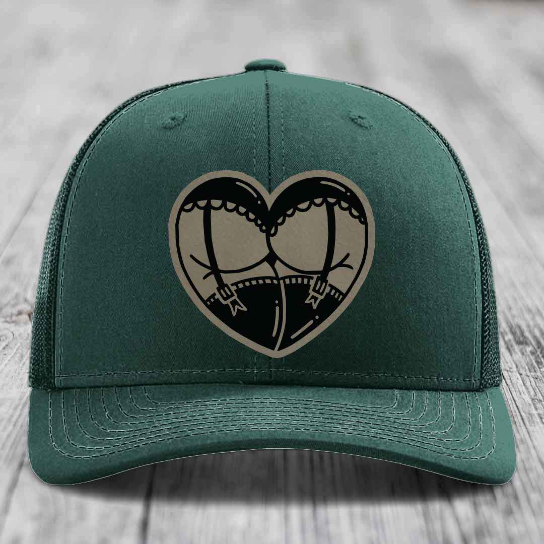 Heart Shaped Ass (Garter Belt) - Leather Patch Hat - Light Brown to Black Patch - Richardson 112 Snapback Trucker Hat