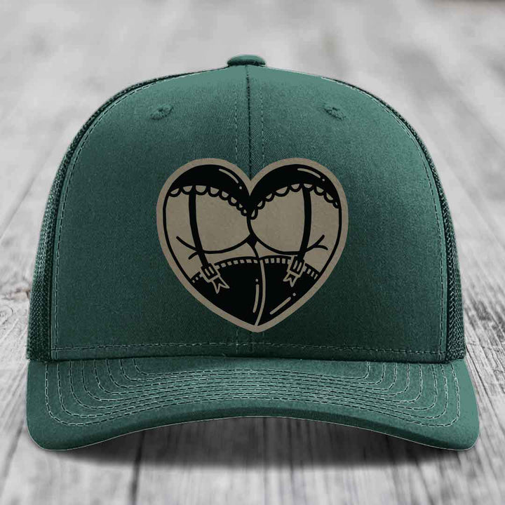 Heart Shaped Ass (Garter Belt) - Leather Patch Hat - Light Brown to Black Patch - Richardson 112 Snapback Trucker Hat
