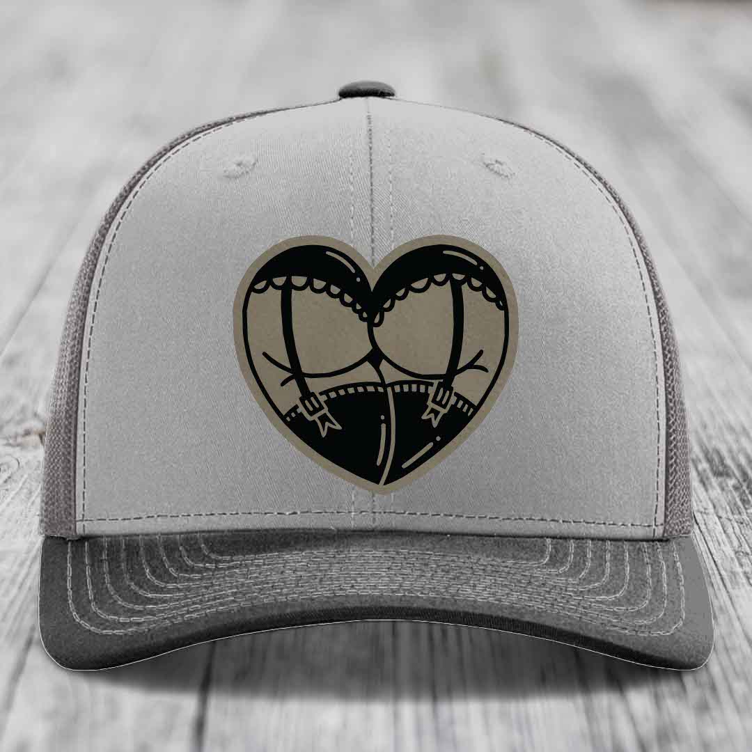 Heart Shaped Ass (Garter Belt) - Leather Patch Hat - Light Brown to Black Patch - Richardson 112 Snapback Trucker Hat