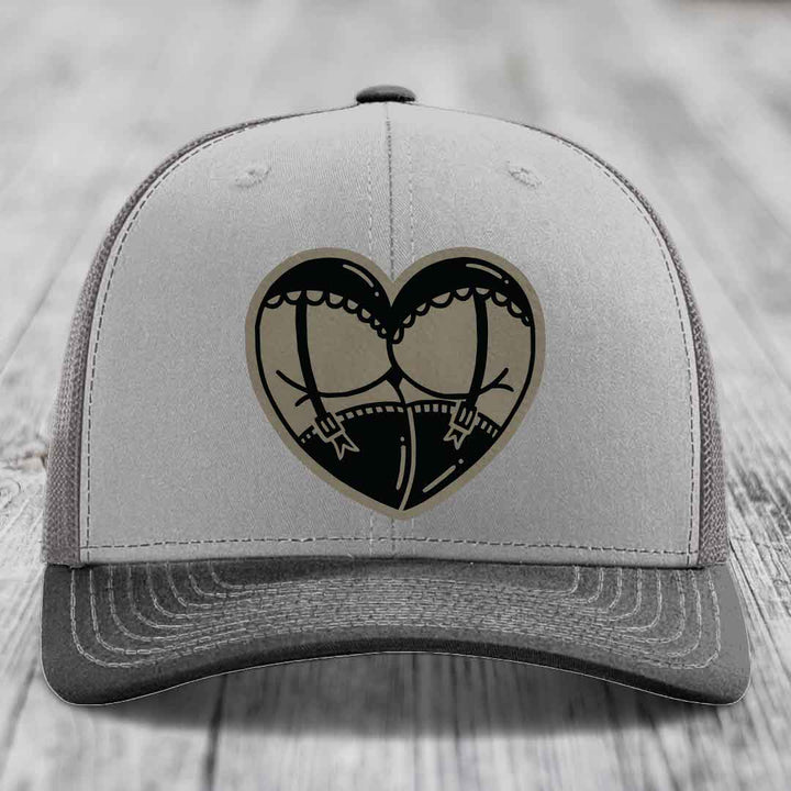 Heart Shaped Ass (Garter Belt) - Leather Patch Hat - Light Brown to Black Patch - Richardson 112 Snapback Trucker Hat