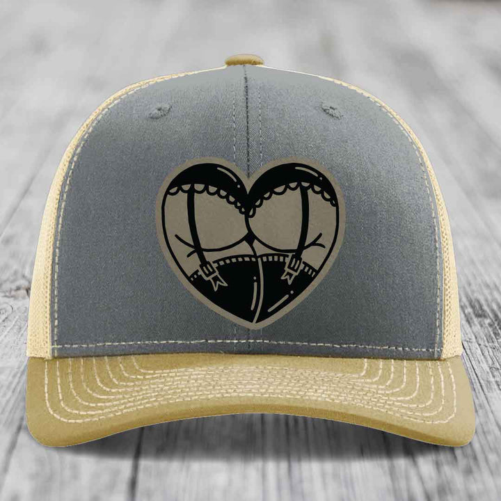 Heart Shaped Ass (Garter Belt) - Leather Patch Hat - Light Brown to Black Patch - Richardson 112 Snapback Trucker Hat