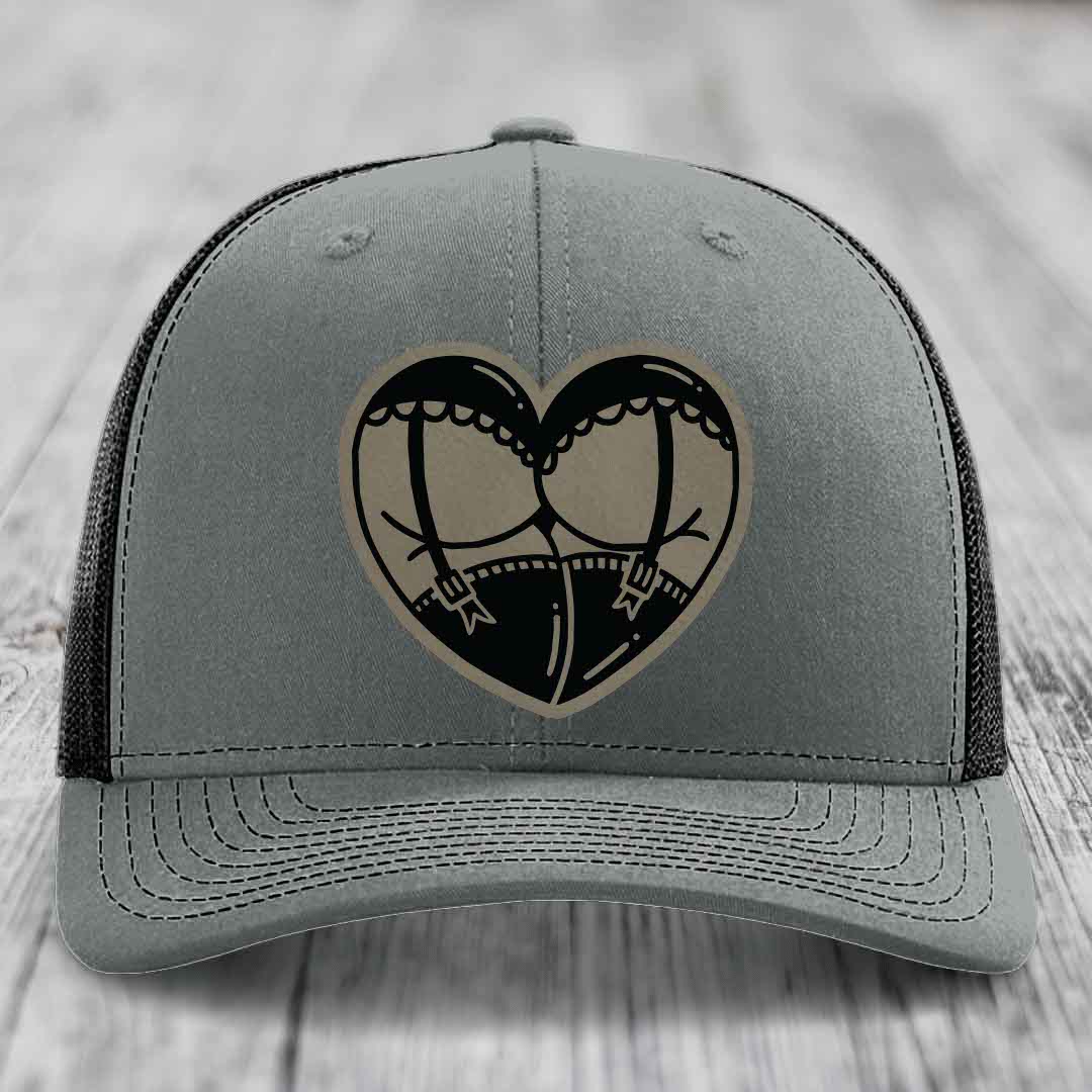 Heart Shaped Ass (Garter Belt) - Leather Patch Hat - Light Brown to Black Patch - Richardson 112 Snapback Trucker Hat