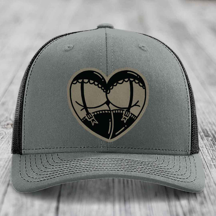 Heart Shaped Ass (Garter Belt) - Leather Patch Hat - Light Brown to Black Patch - Richardson 112 Snapback Trucker Hat