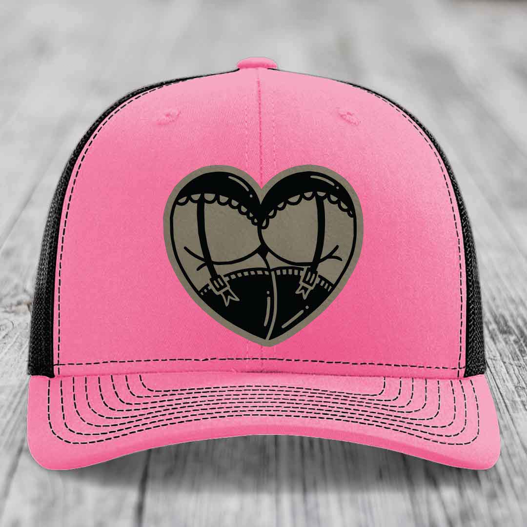 Heart Shaped Ass (Garter Belt) - Leather Patch Hat - Light Brown to Black Patch - Richardson 112 Snapback Trucker Hat