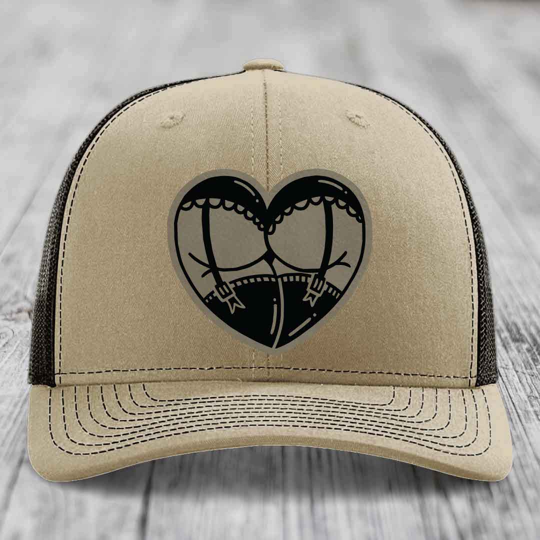 Heart Shaped Ass (Garter Belt) - Leather Patch Hat - Light Brown to Black Patch - Richardson 112 Snapback Trucker Hat