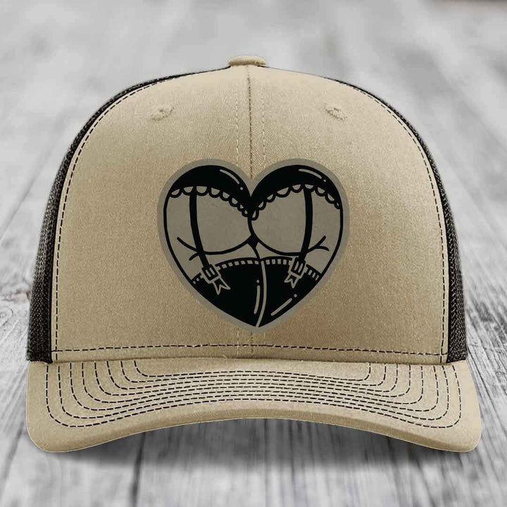 Heart Shaped Ass (Garter Belt) - Leather Patch Hat - Light Brown to Black Patch - Richardson 112 Snapback Trucker Hat