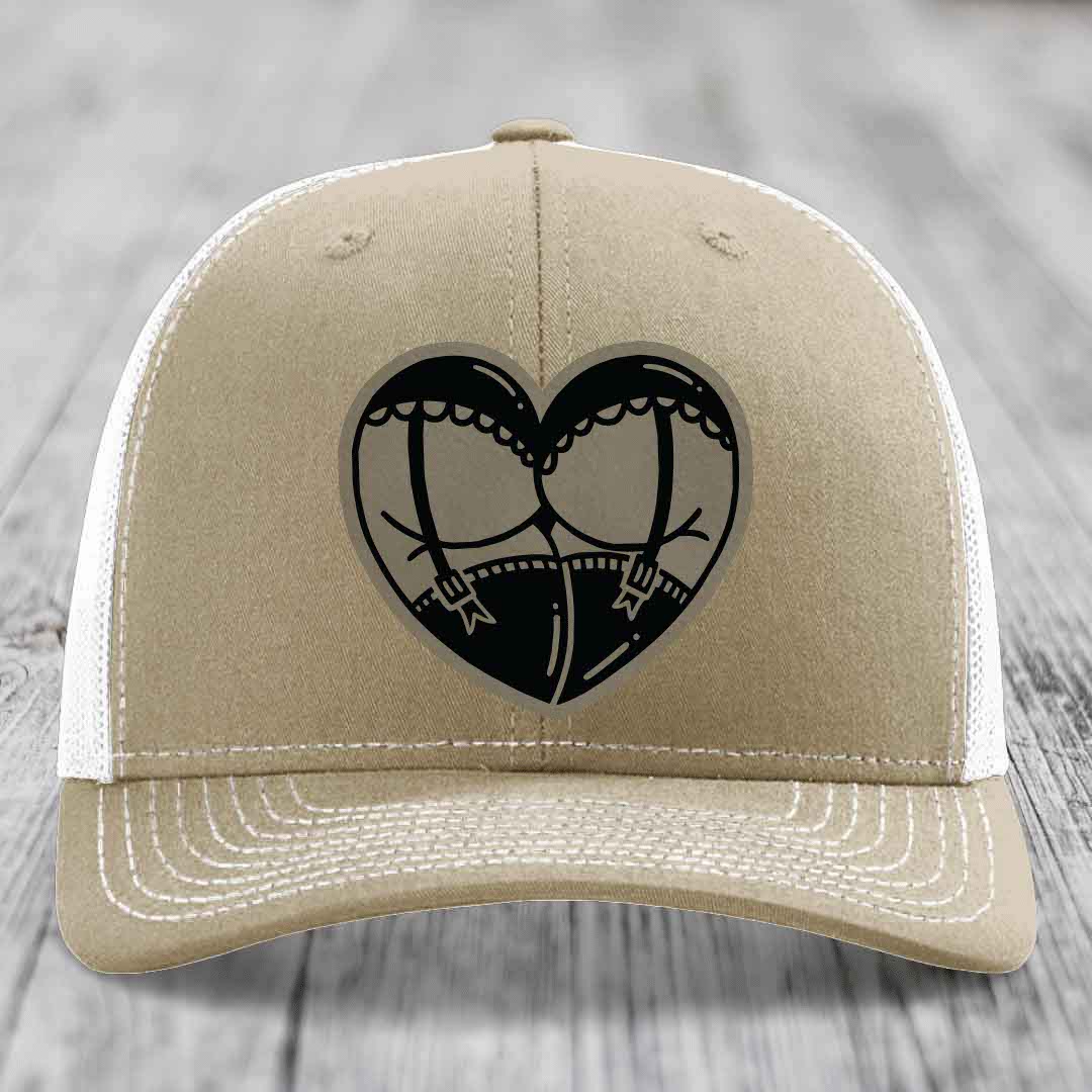 Heart Shaped Ass (Garter Belt) - Leather Patch Hat - Light Brown to Black Patch - Richardson 112 Snapback Trucker Hat