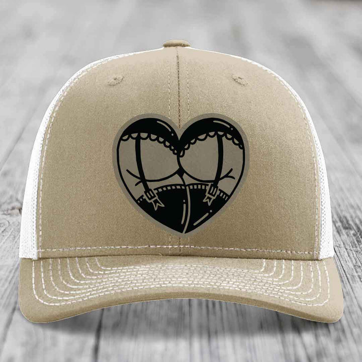 Heart Shaped Ass (Garter Belt) - Leather Patch Hat - Light Brown to Black Patch - Richardson 112 Snapback Trucker Hat
