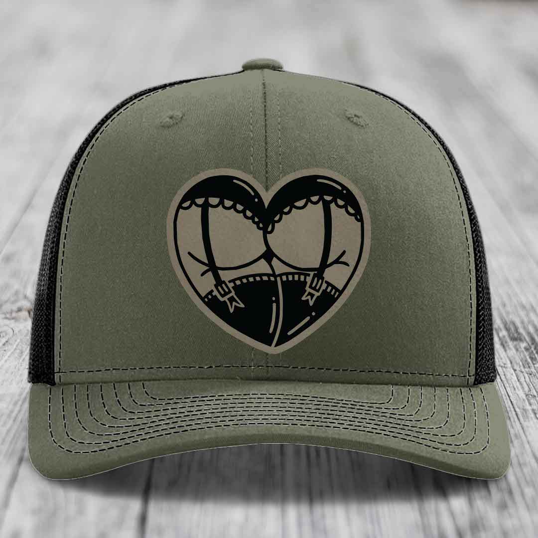 Heart Shaped Ass (Garter Belt) - Leather Patch Hat - Light Brown to Black Patch - Richardson 112 Snapback Trucker Hat
