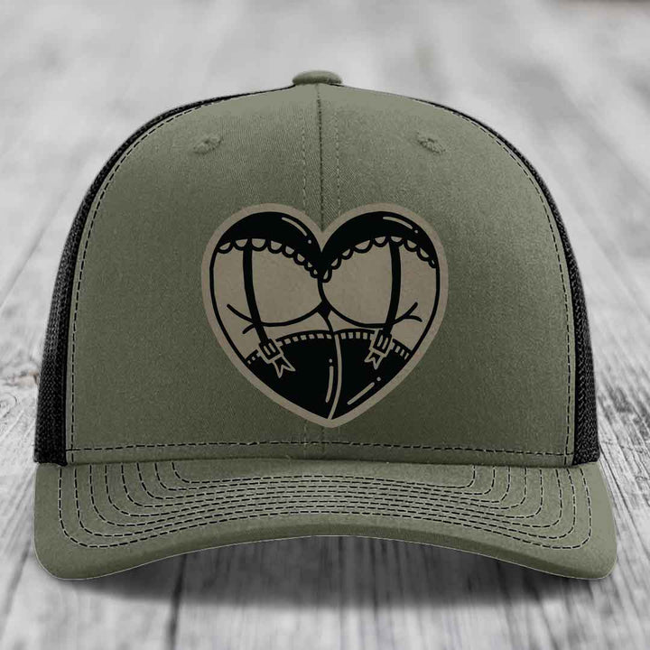 Heart Shaped Ass (Garter Belt) - Leather Patch Hat - Light Brown to Black Patch - Richardson 112 Snapback Trucker Hat