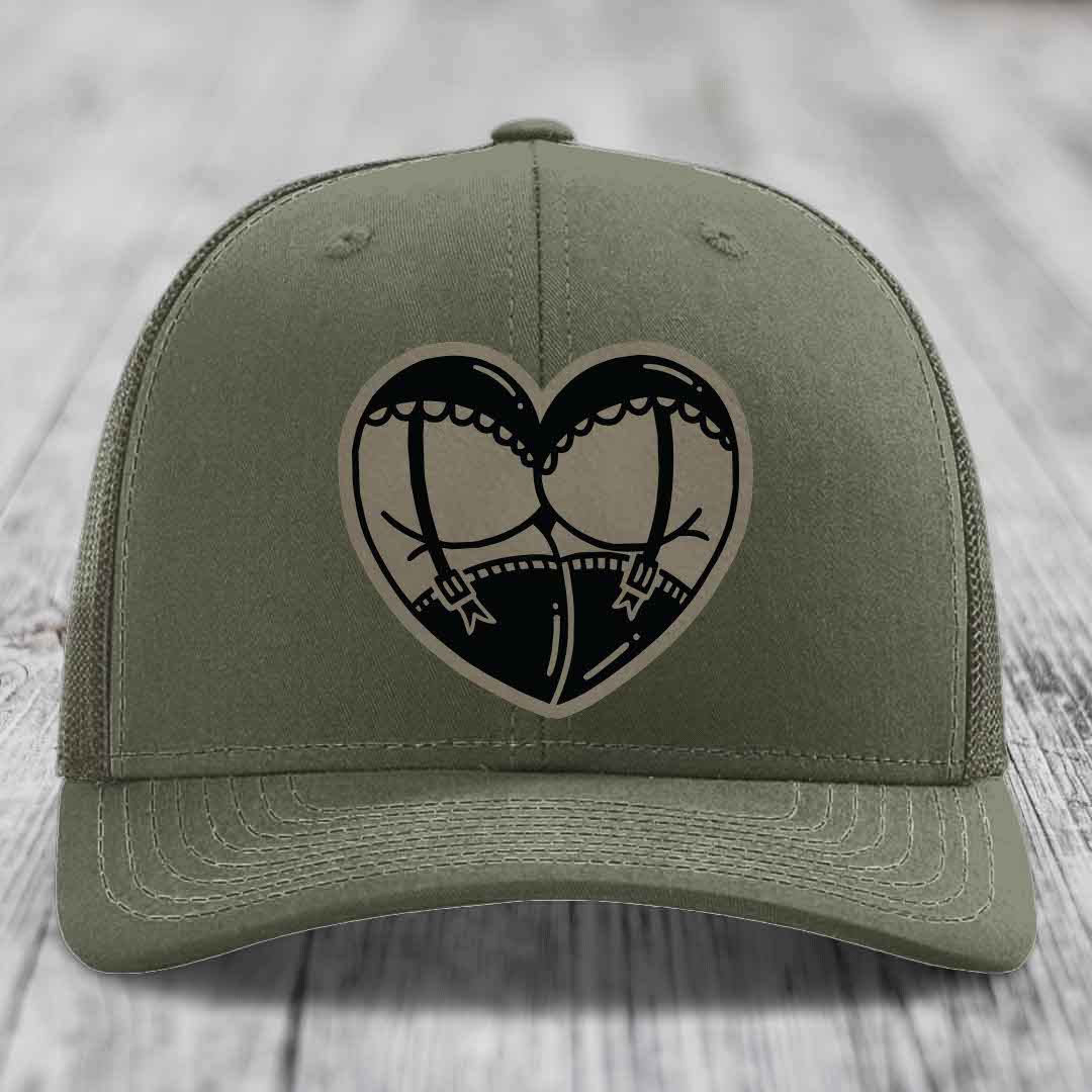 Heart Shaped Ass (Garter Belt) - Leather Patch Hat - Light Brown to Black Patch - Richardson 112 Snapback Trucker Hat