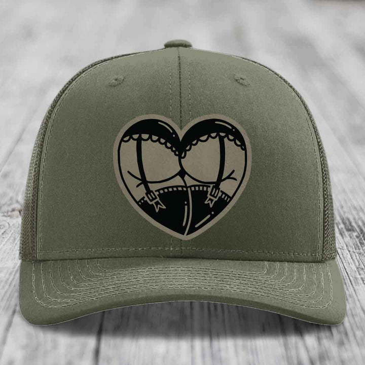 Heart Shaped Ass (Garter Belt) - Leather Patch Hat - Light Brown to Black Patch - Richardson 112 Snapback Trucker Hat
