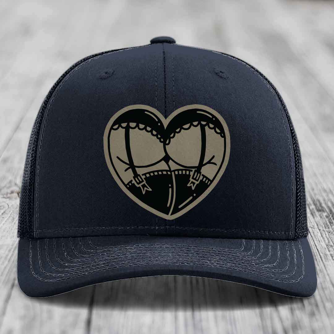 Heart Shaped Ass (Garter Belt) - Leather Patch Hat - Light Brown to Black Patch - Richardson 112 Snapback Trucker Hat