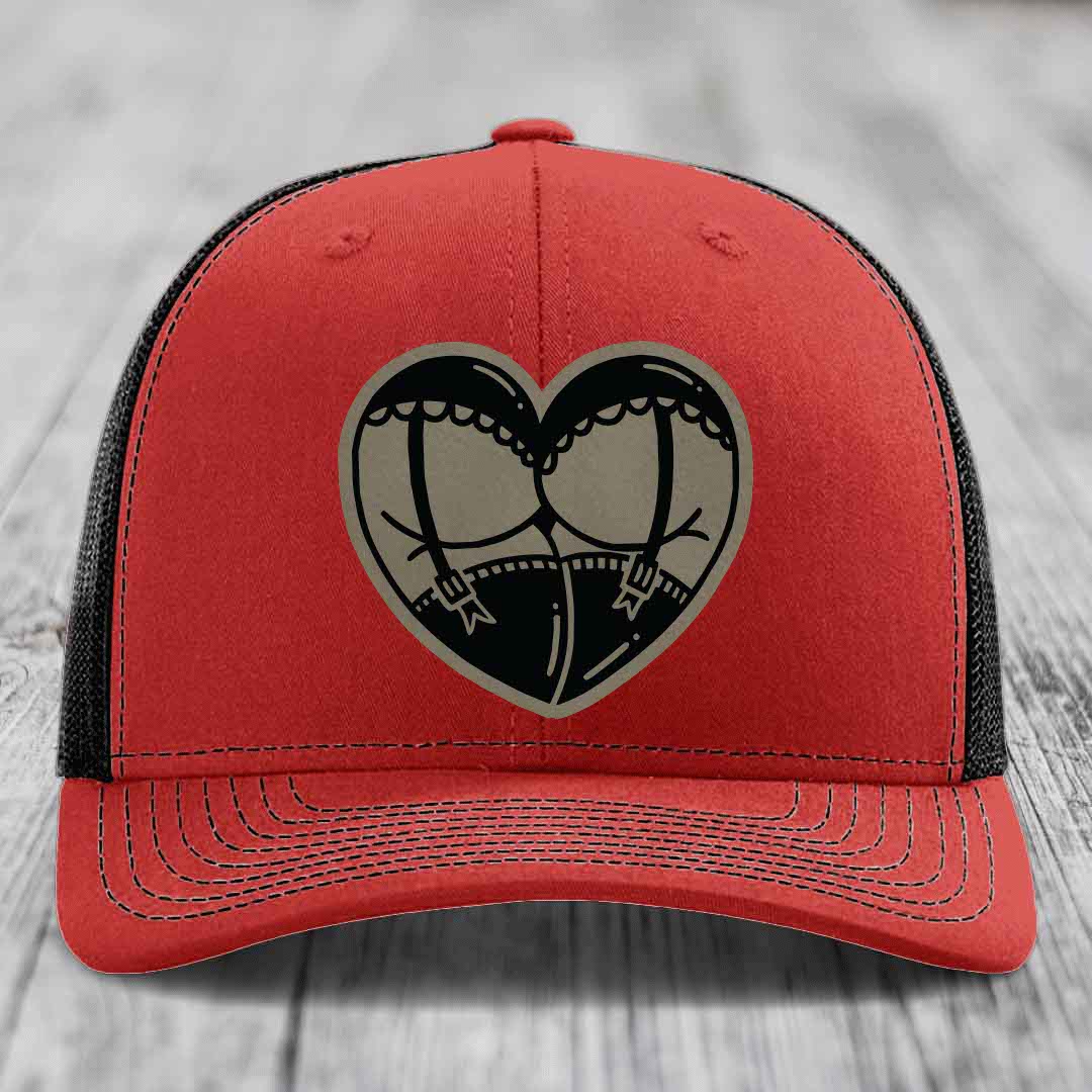 Heart Shaped Ass (Garter Belt) - Leather Patch Hat - Light Brown to Black Patch - Richardson 112 Snapback Trucker Hat