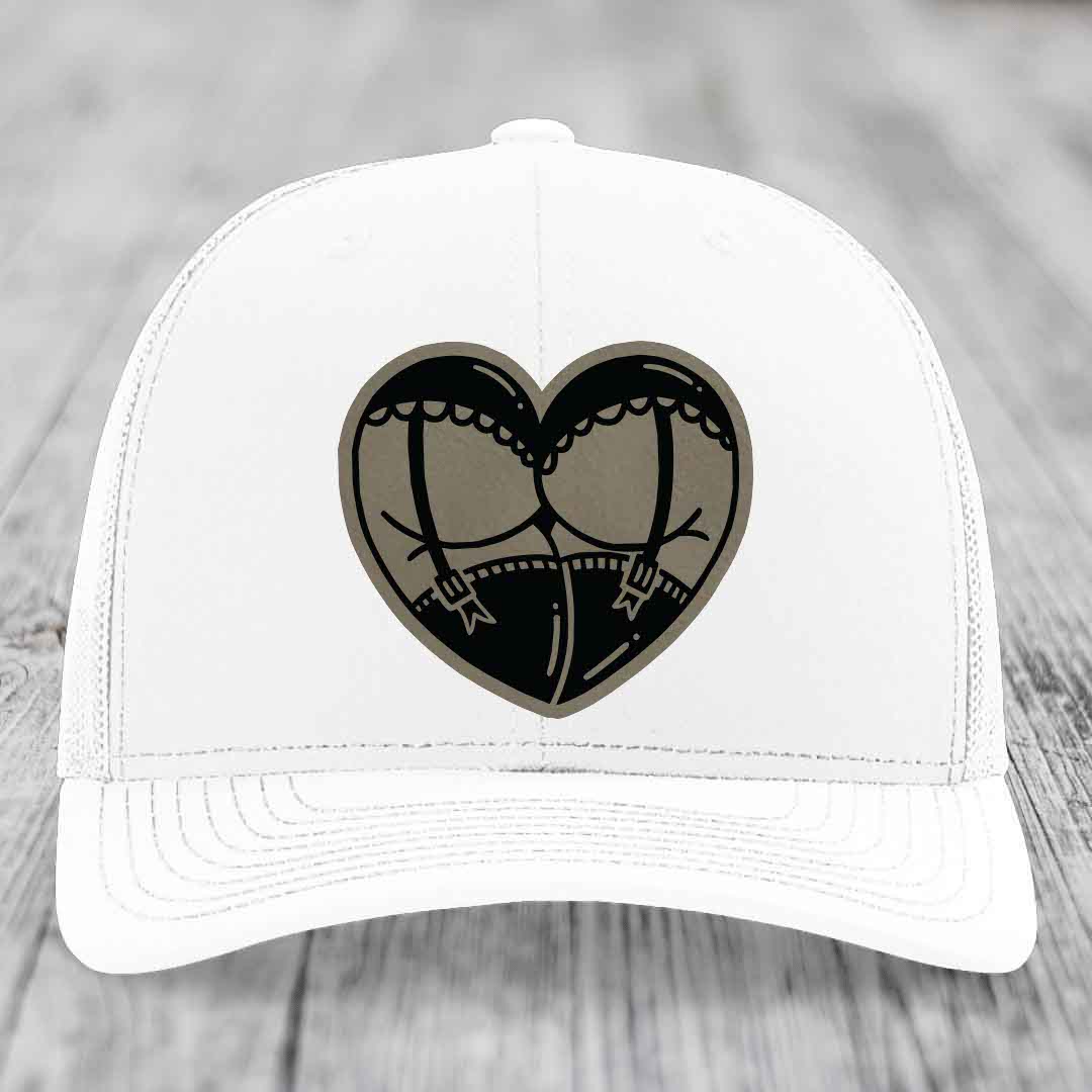 Heart Shaped Ass (Garter Belt) - Leather Patch Hat - Light Brown to Black Patch - Richardson 112 Snapback Trucker Hat