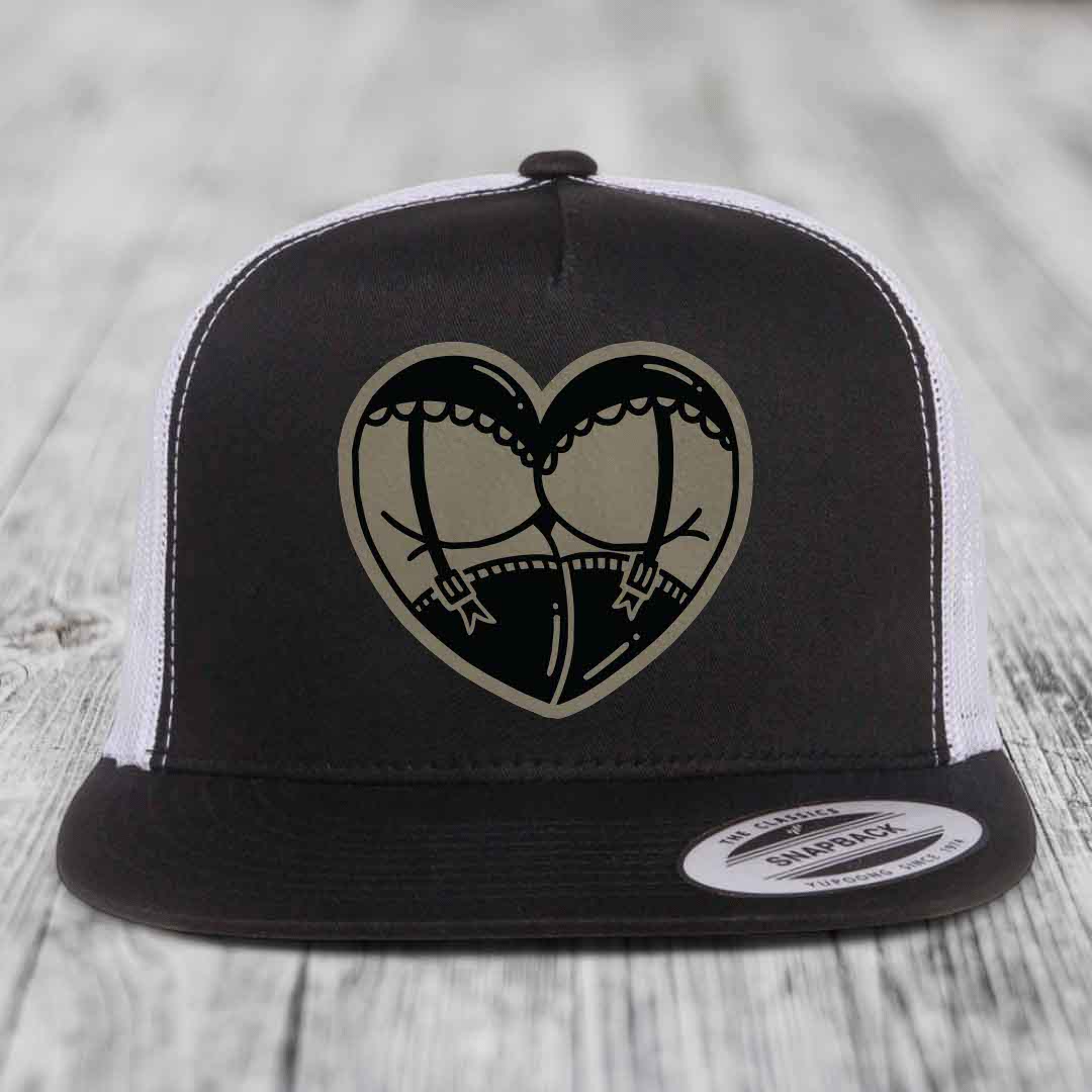Heart Shaped Ass (Garter Belt) - Leather Patch Hat - Light Brown to Black Patch - Yupoong 6006 Snapback Flatbill Hat