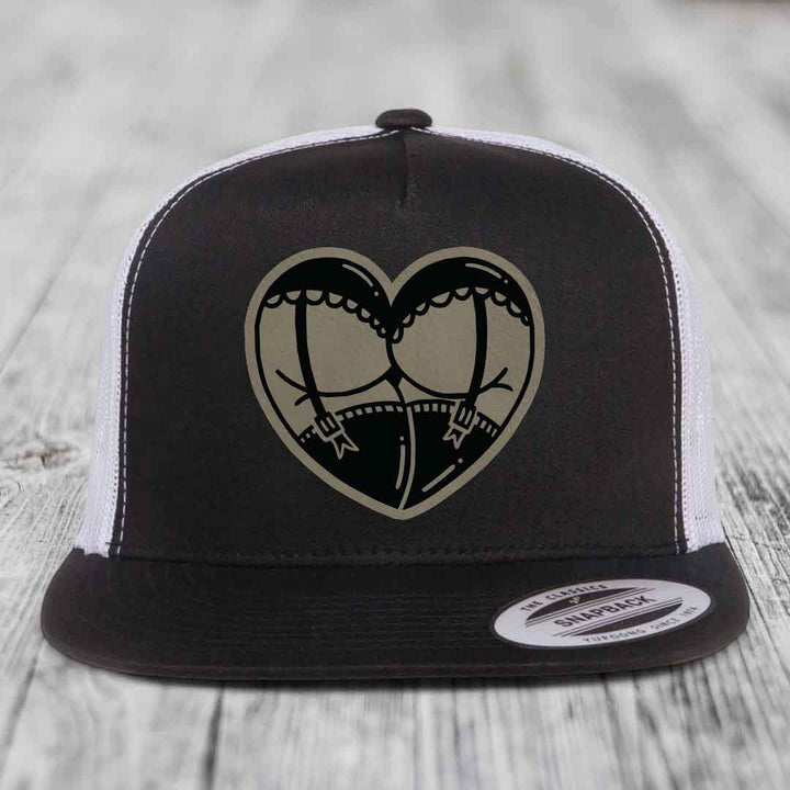 Heart Shaped Ass (Garter Belt) - Leather Patch Hat - Light Brown to Black Patch - Yupoong 6006 Snapback Flatbill Hat