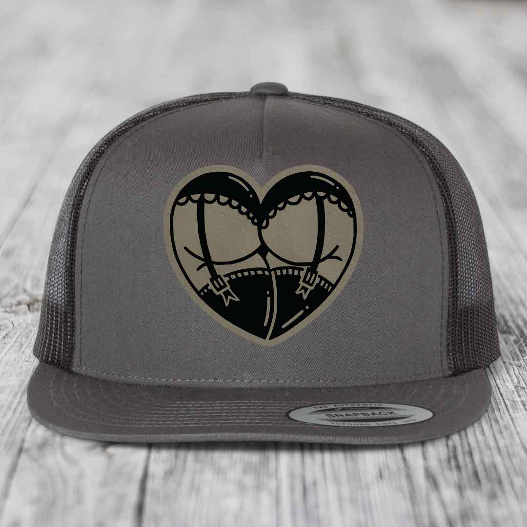 Heart Shaped Ass (Garter Belt) - Leather Patch Hat - Light Brown to Black Patch - Yupoong 6006 Snapback Flatbill Hat