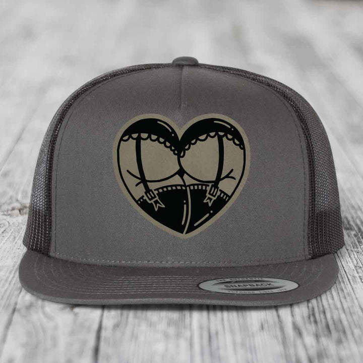 Heart Shaped Ass (Garter Belt) - Leather Patch Hat - Light Brown to Black Patch - Yupoong 6006 Snapback Flatbill Hat