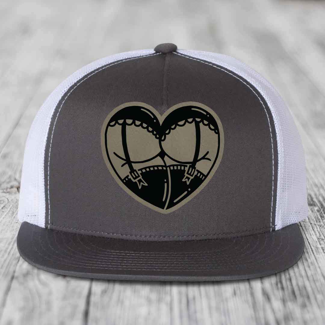 Heart Shaped Ass (Garter Belt) - Leather Patch Hat - Light Brown to Black Patch - Yupoong 6006 Snapback Flatbill Hat