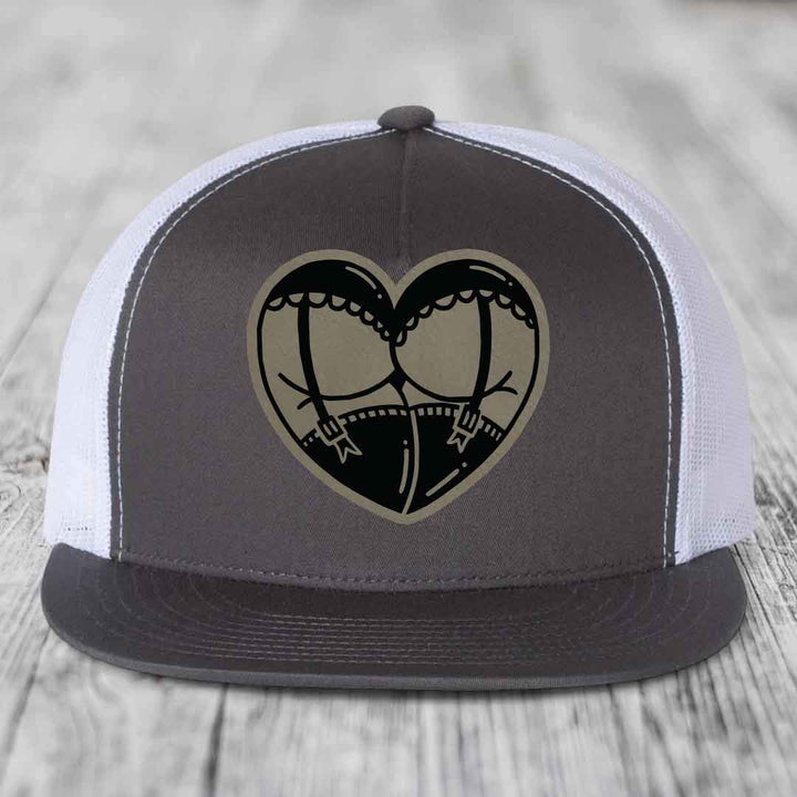 Heart Shaped Ass (Garter Belt) - Leather Patch Hat - Light Brown to Black Patch - Yupoong 6006 Snapback Flatbill Hat
