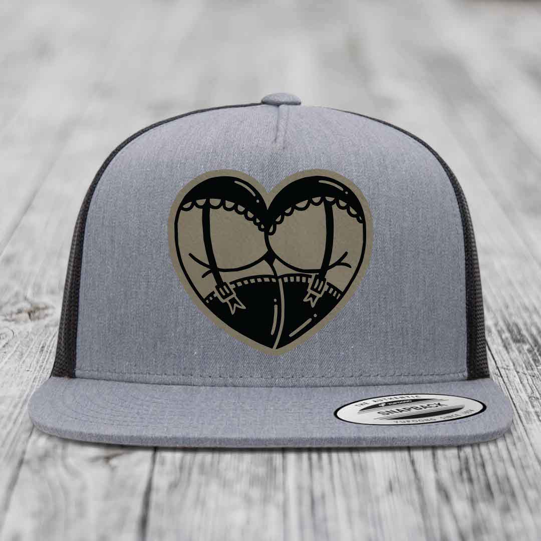 Heart Shaped Ass (Garter Belt) - Leather Patch Hat - Light Brown to Black Patch - Yupoong 6006 Snapback Flatbill Hat