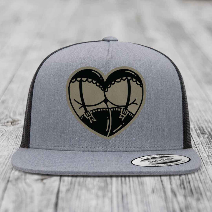 Heart Shaped Ass (Garter Belt) - Leather Patch Hat - Light Brown to Black Patch - Yupoong 6006 Snapback Flatbill Hat